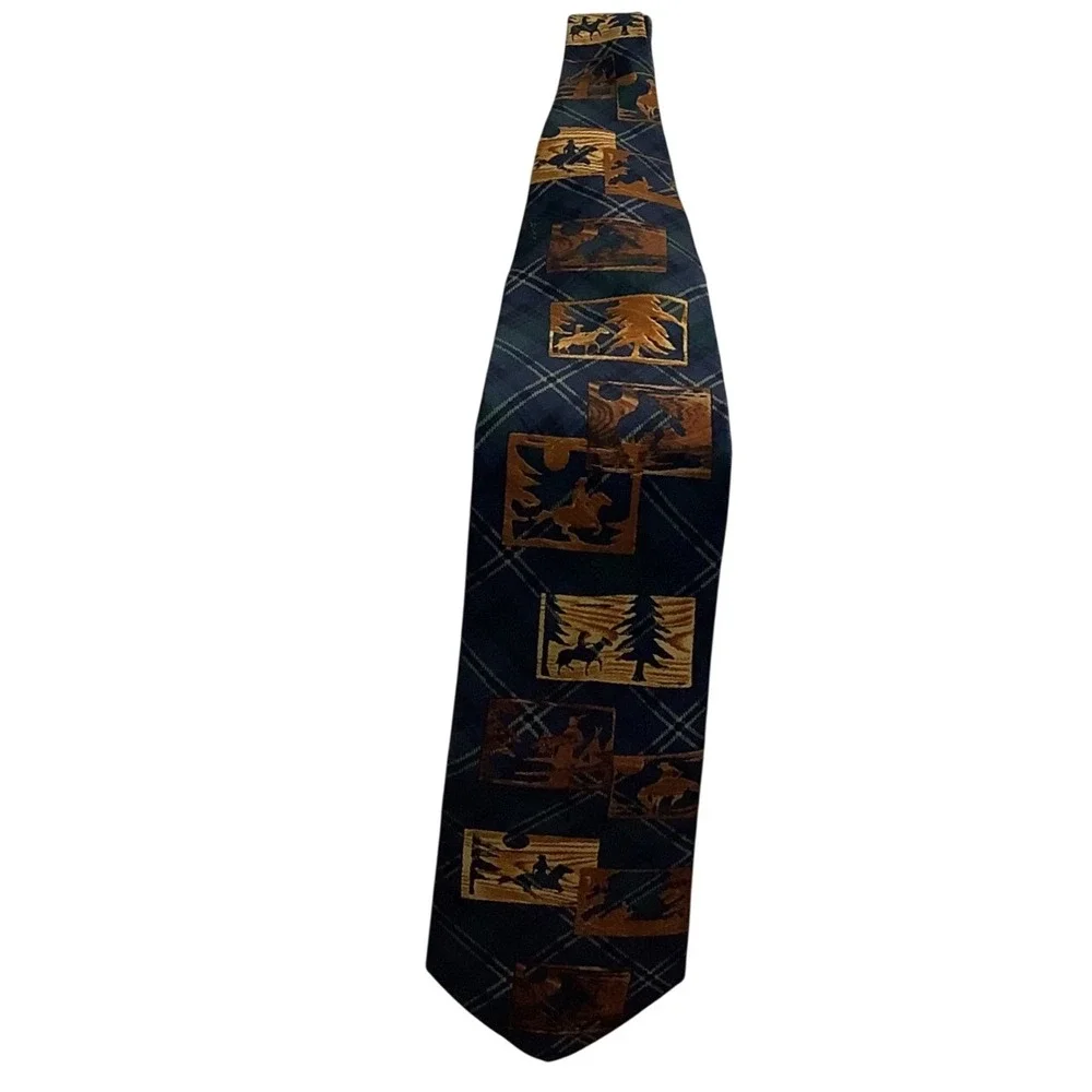 Vintage Western Cowboy Plaid Necktie Green Blue Gold Horseback Lodge Style